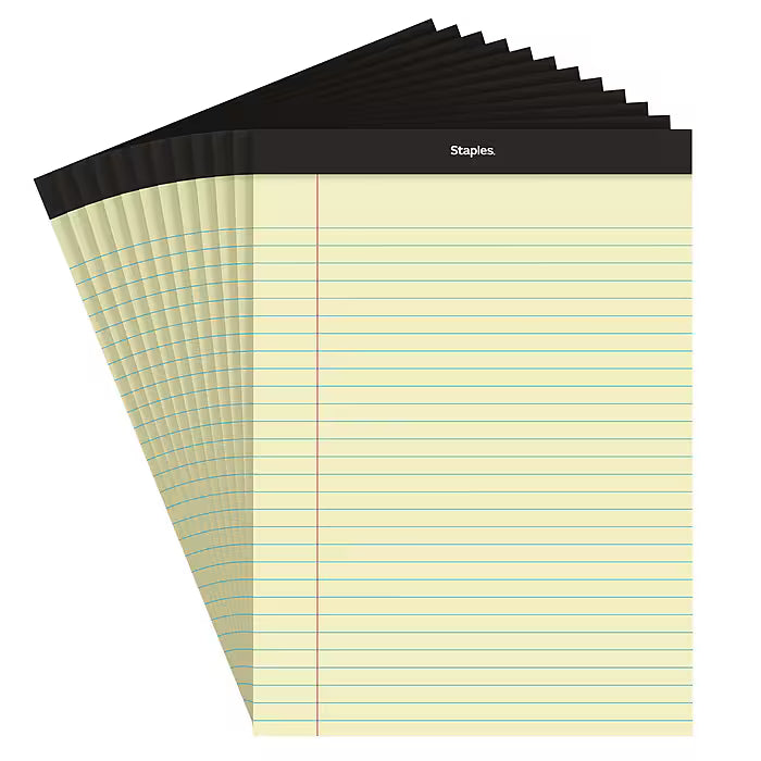 Staples Notepads, 8.5" x 11", Wide Ruled, Canary, 50 Sheets/Pad, Dozen (ST57300)