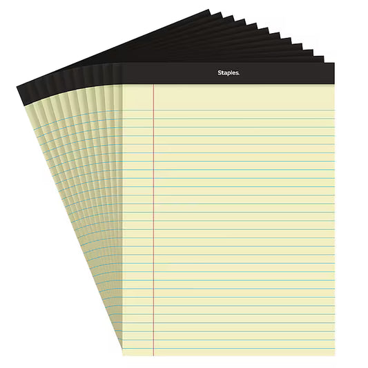 Staples Notepads, 8.5" x 11", Wide Ruled, Canary, 50 Sheets/Pad, Dozen (ST57300)