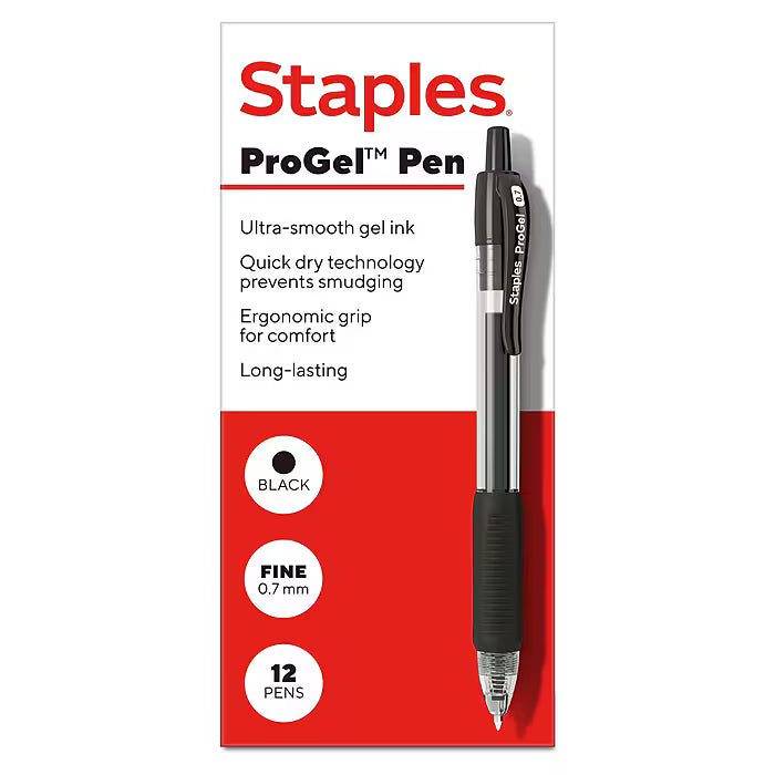 Staples ProGel™ Retractable Gel Pen, Fine Point, 0.7mm, Black Ink, Dozen (ST62095)