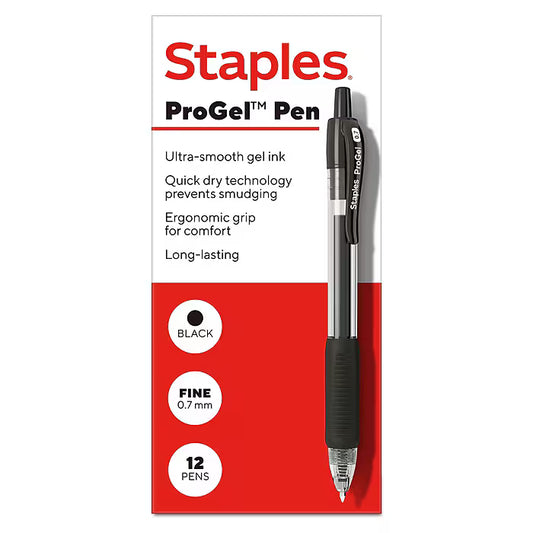 Staples ProGel™ Retractable Gel Pen, Fine Point, 0.7mm, Black Ink, Dozen (ST62095)