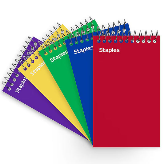 Staples Memo Pads, 3" x 5", College Ruled, Assorted Colors, 75 Sheets/Pad, 5 Pads/Pack (TR11491)